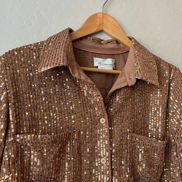 Anthropologie Top Sequin Brown Long Sleeve Remie Button Up Shirt Size XL - Picture 5 of 9